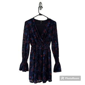 Disney Princess Juniors Blue Empire Mulan Red Floral‎ Long Sheer Sleeve Dress XS